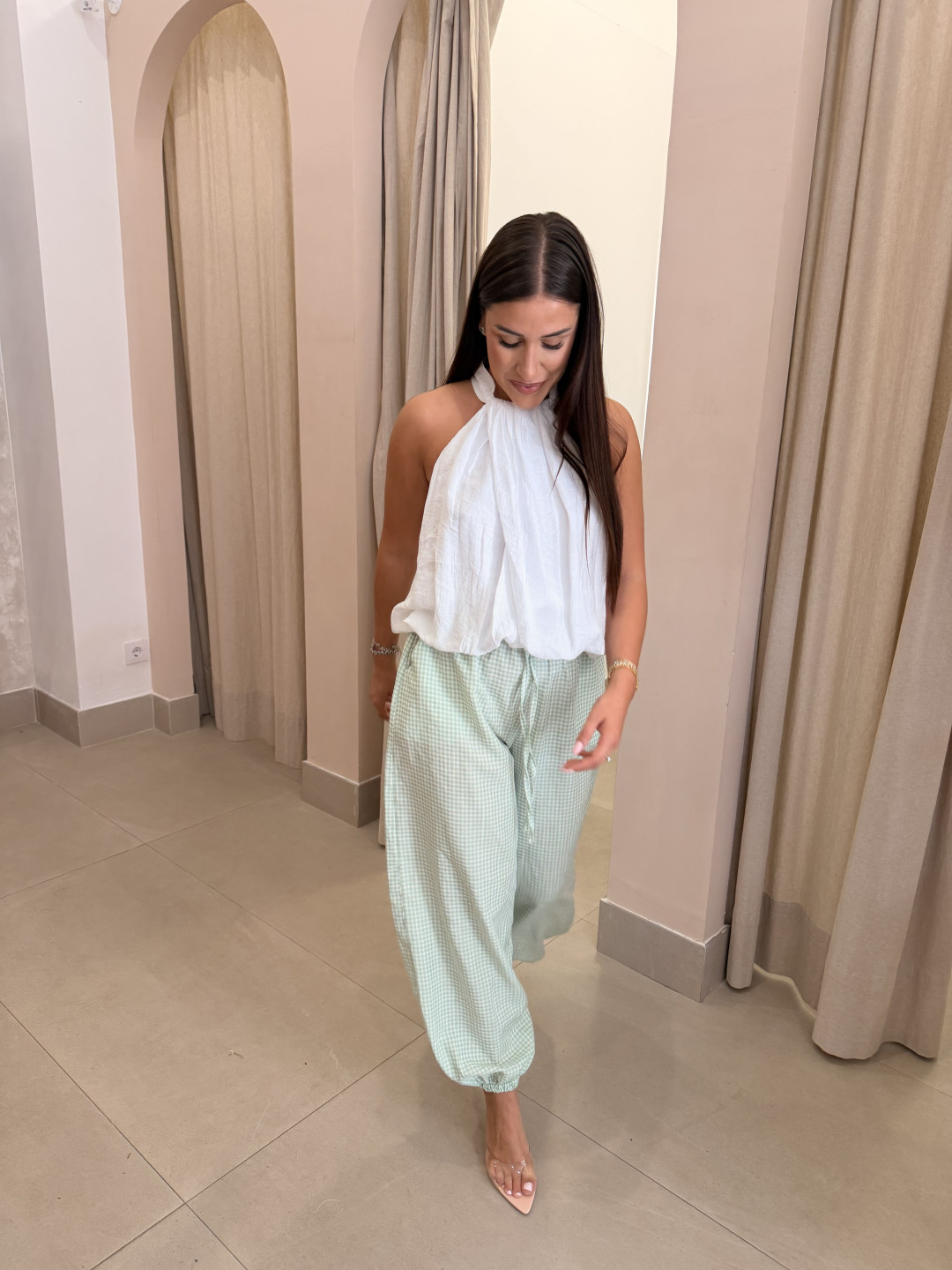 Pantalon vichy estilo boho verde manzana