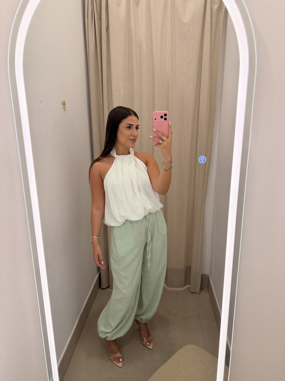 Pantalon vichy estilo boho verde manzana