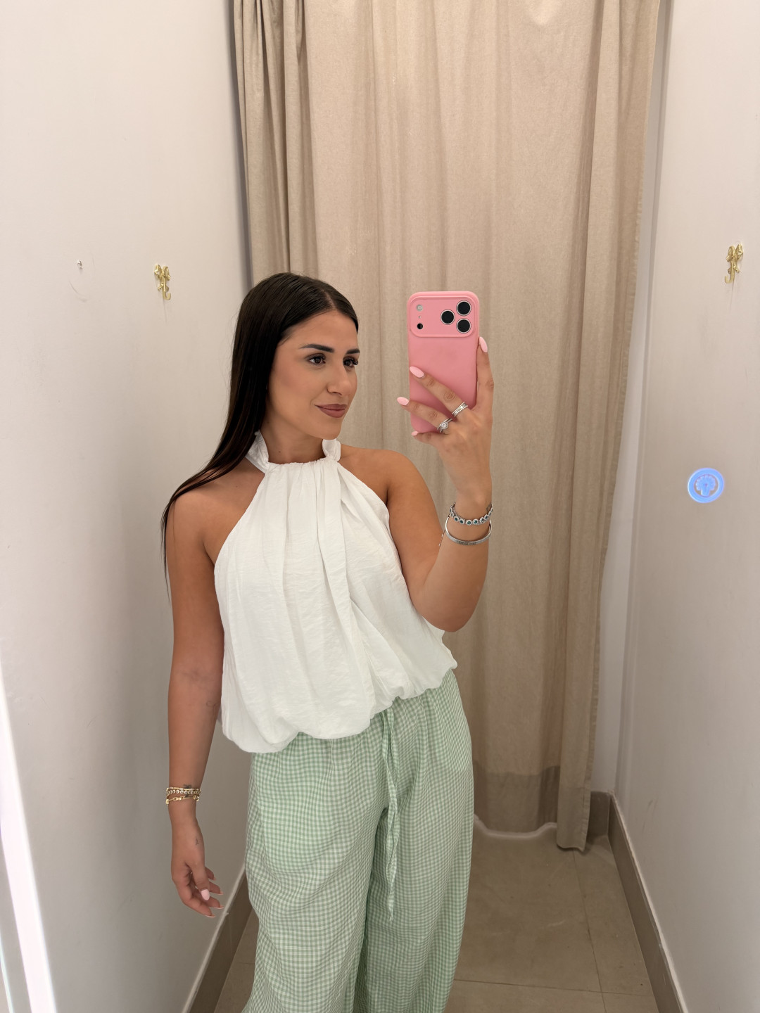 Pantalon vichy estilo boho verde manzana