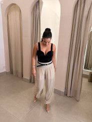 Pantalon globo seda detalle cinturon beige