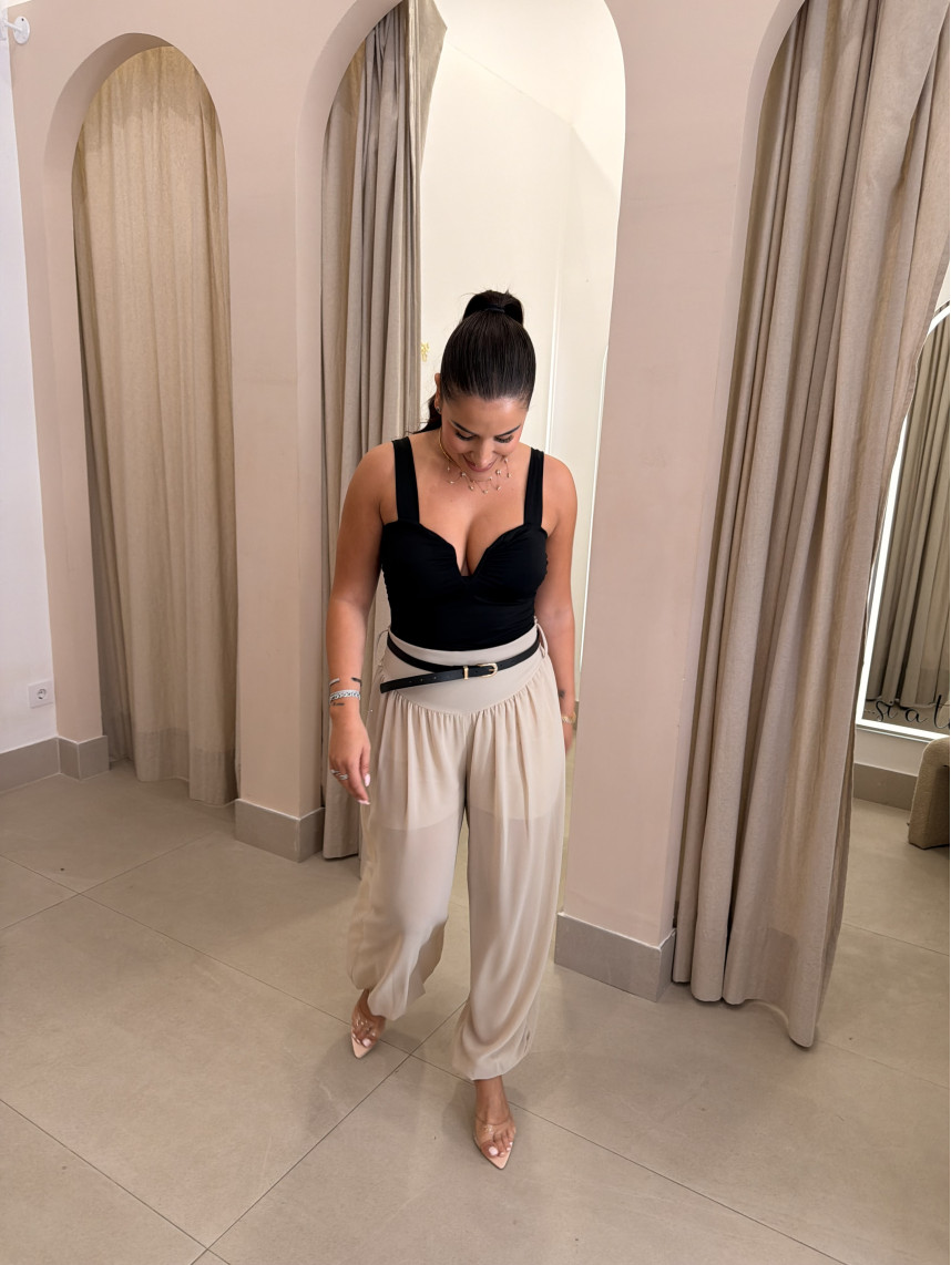 Pantalon globo seda detalle cinturon beige