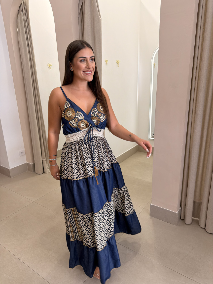 Vestido indio vaquero combinado con falda bicolor