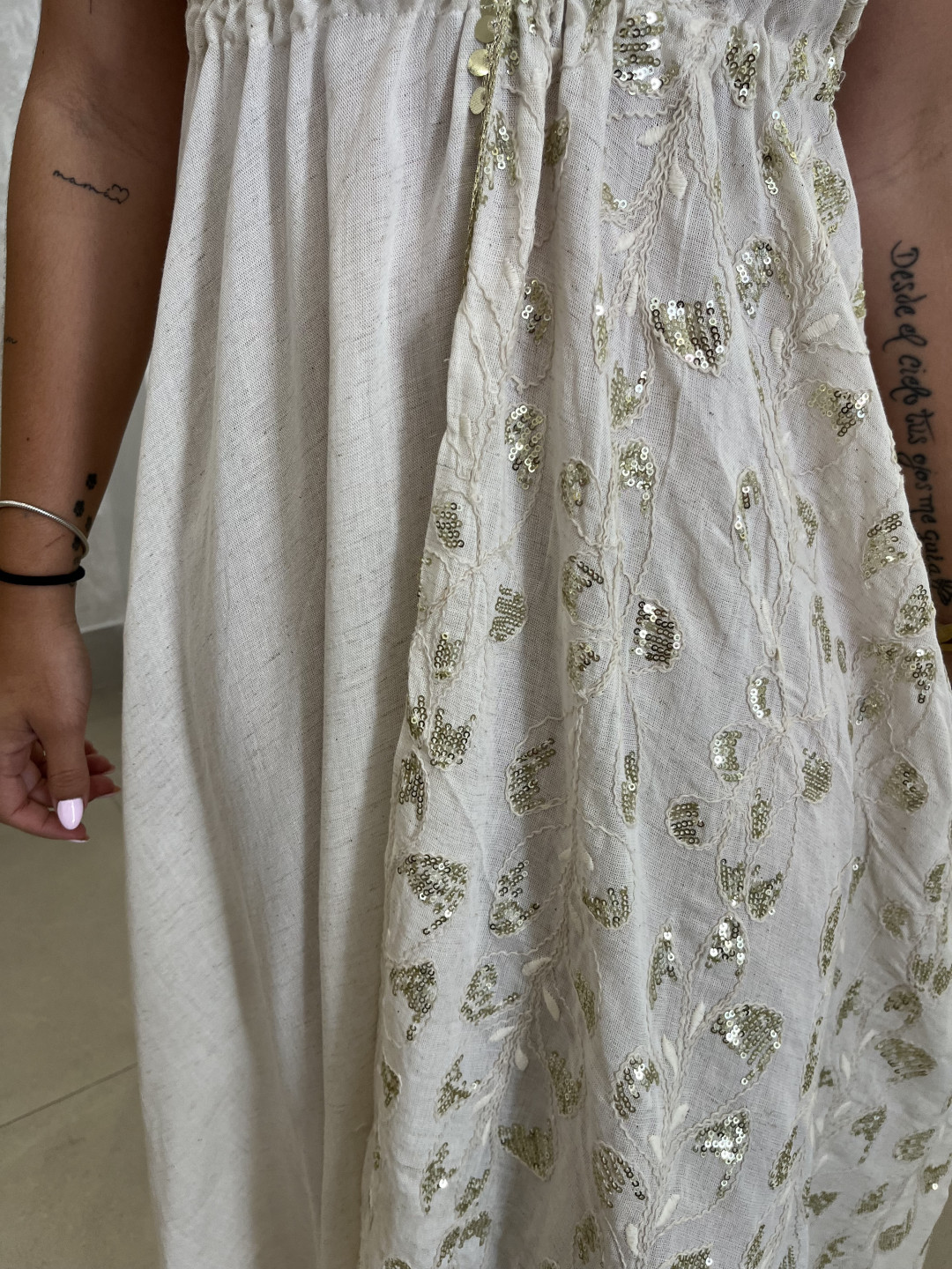 vestido indio bicolor beige/verde 5032