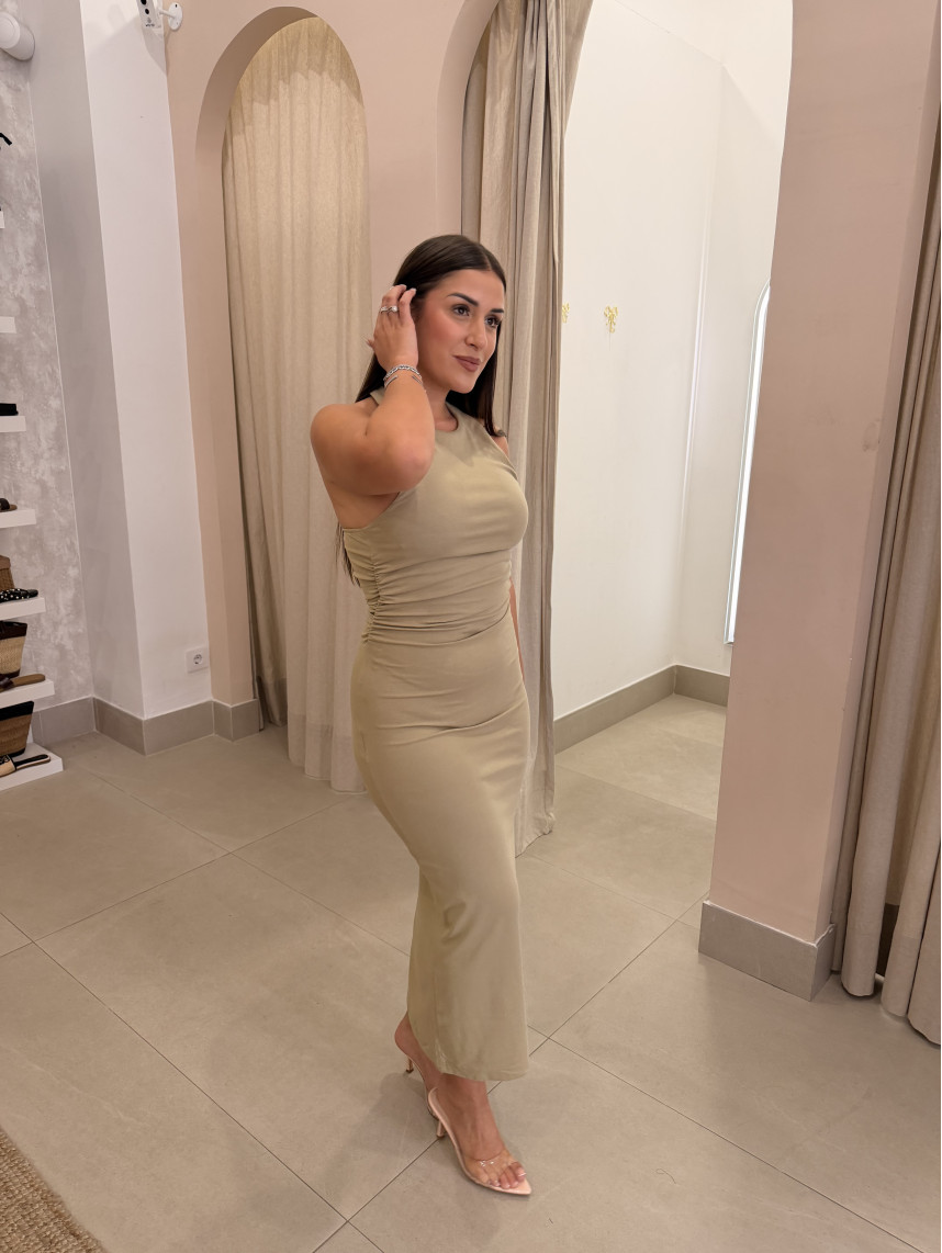 Vestido cuello halter espalda detalle drapeado