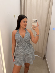 Vestido cuello halter cuadros vichy negro