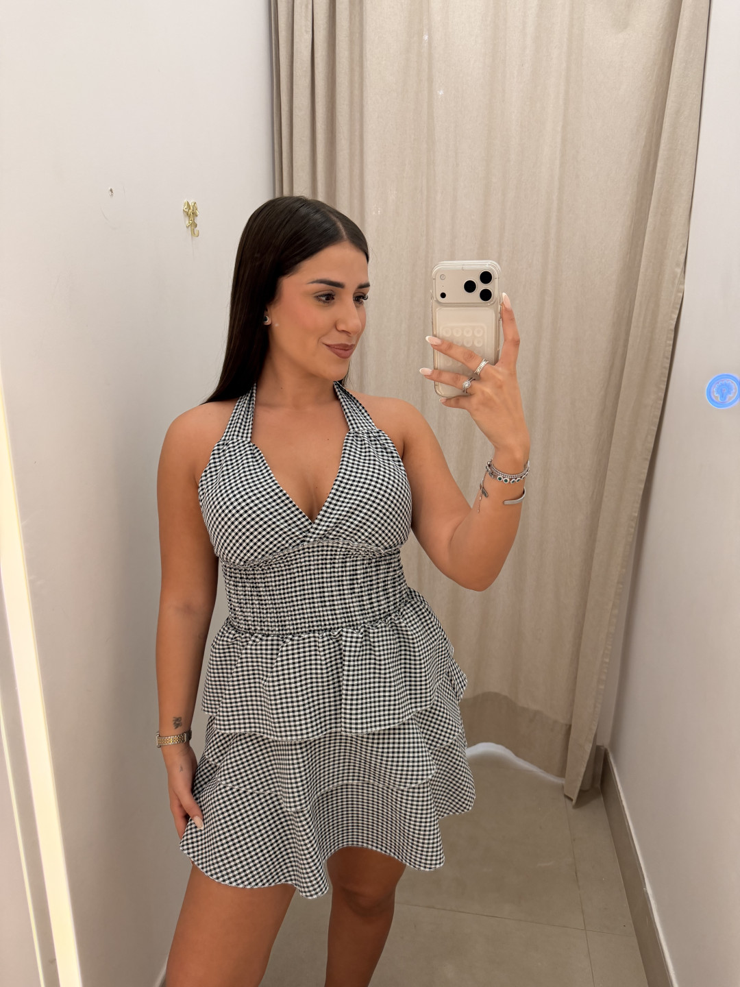 Vestido cuello halter cuadros vichy negro