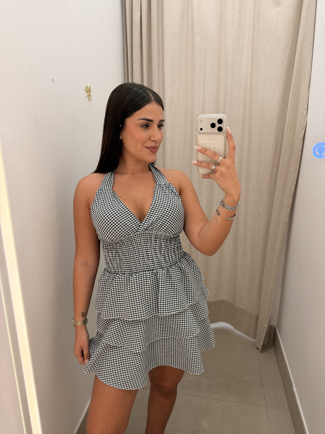 Vestido cuello halter cuadros vichy negro