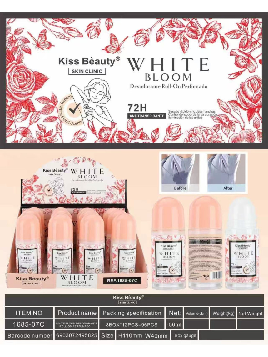 DESODORANTE ROLL ON ANTITRANSPIRANTE 72H WHITE BLOOM 50ML - KISS BEAUTY