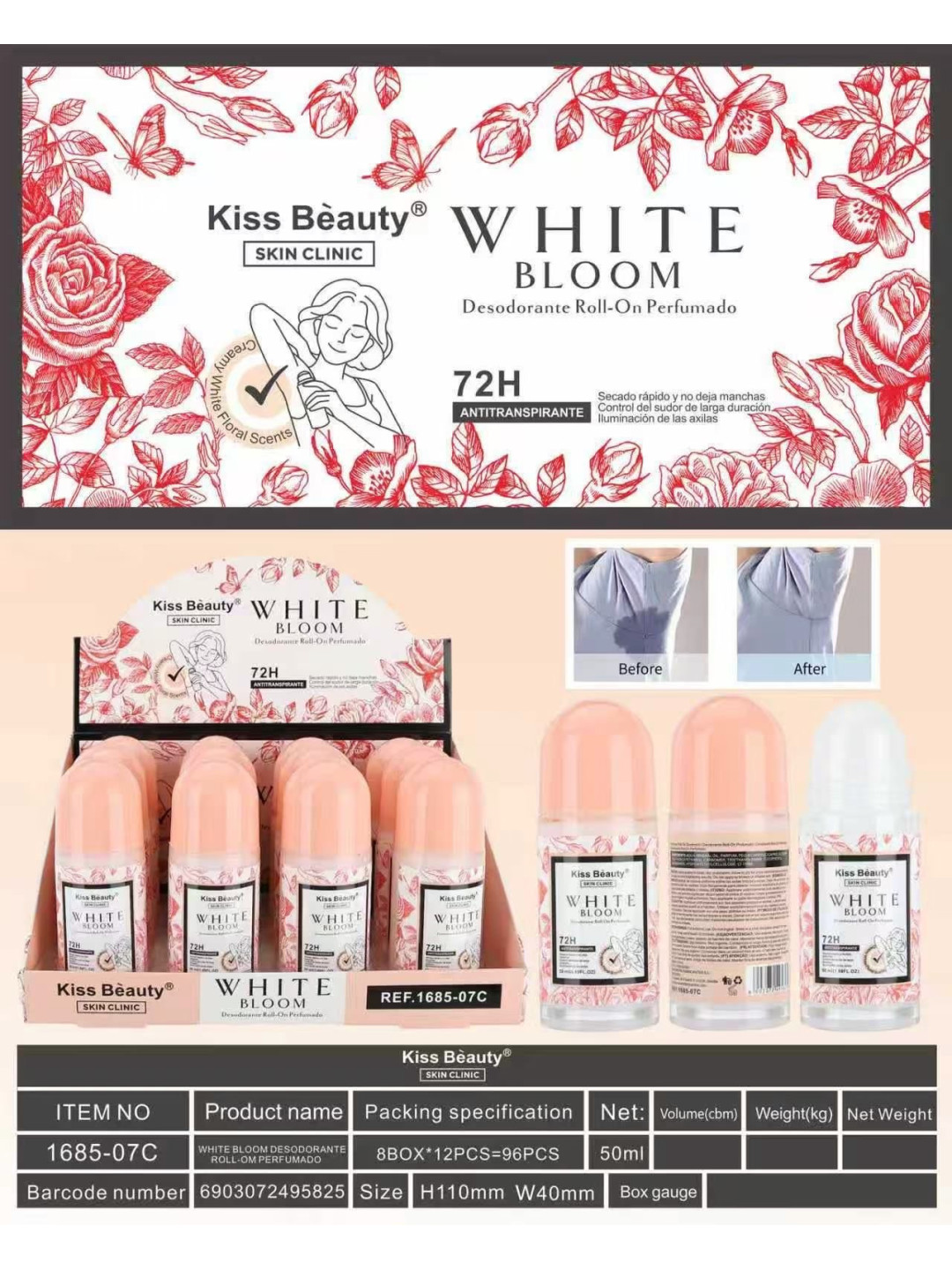 DESODORANTE ROLL ON ANTITRANSPIRANTE 72H WHITE BLOOM 50ML - KISS BEAUTY