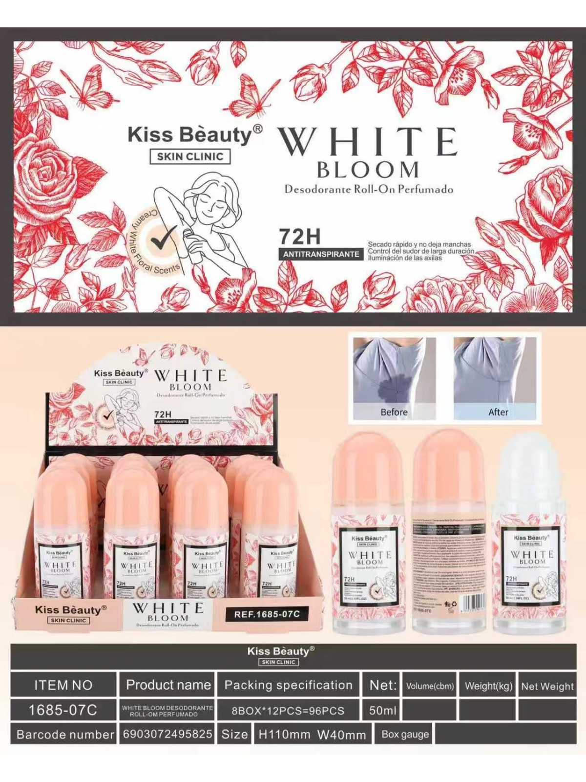 DESODORANTE ROLL ON ANTITRANSPIRANTE 72H WHITE BLOOM 50ML - KISS BEAUTY