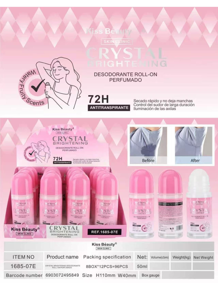 DESODORANTE ROLL ON ANTITRANSPIRANTE 72H CRYSTAL 50ML - KISS BEAUTY