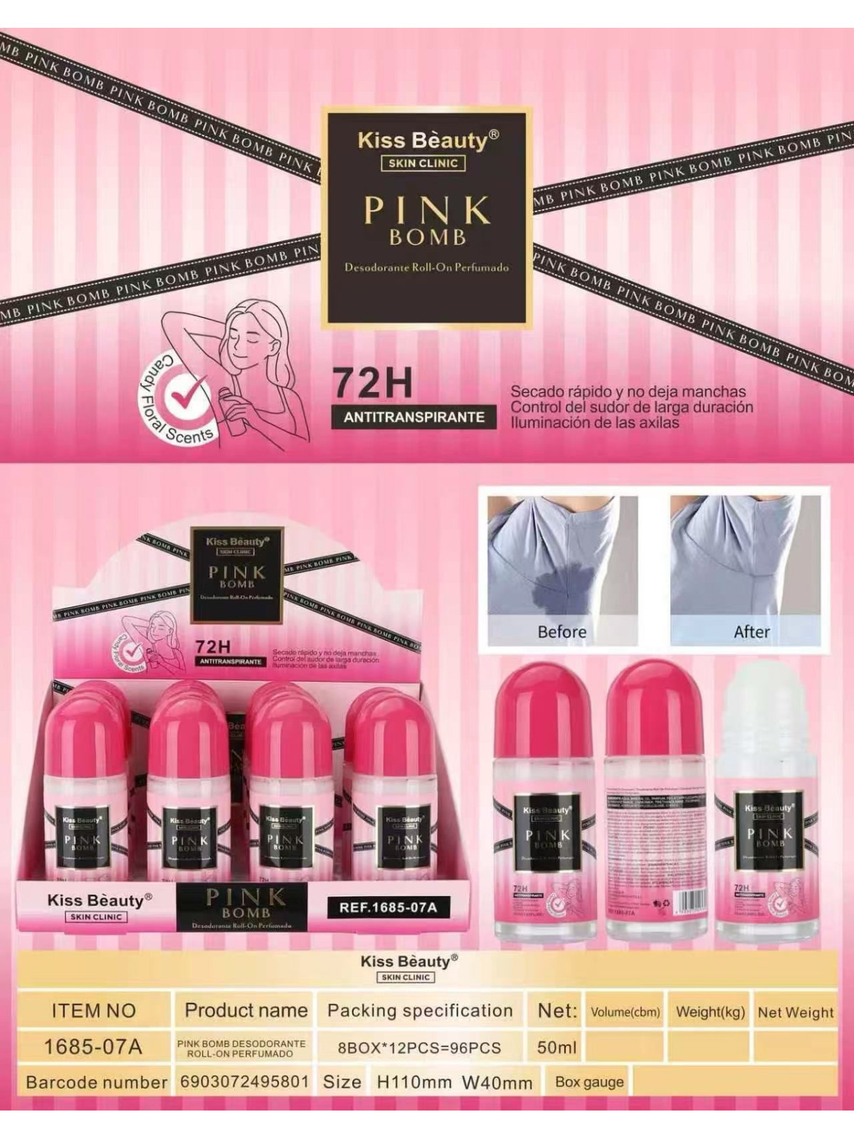 DESODORANTE ROLL ON ANTITRANSPIRANTE 72H PINK BOMB 50ML - KISS BEAUTY